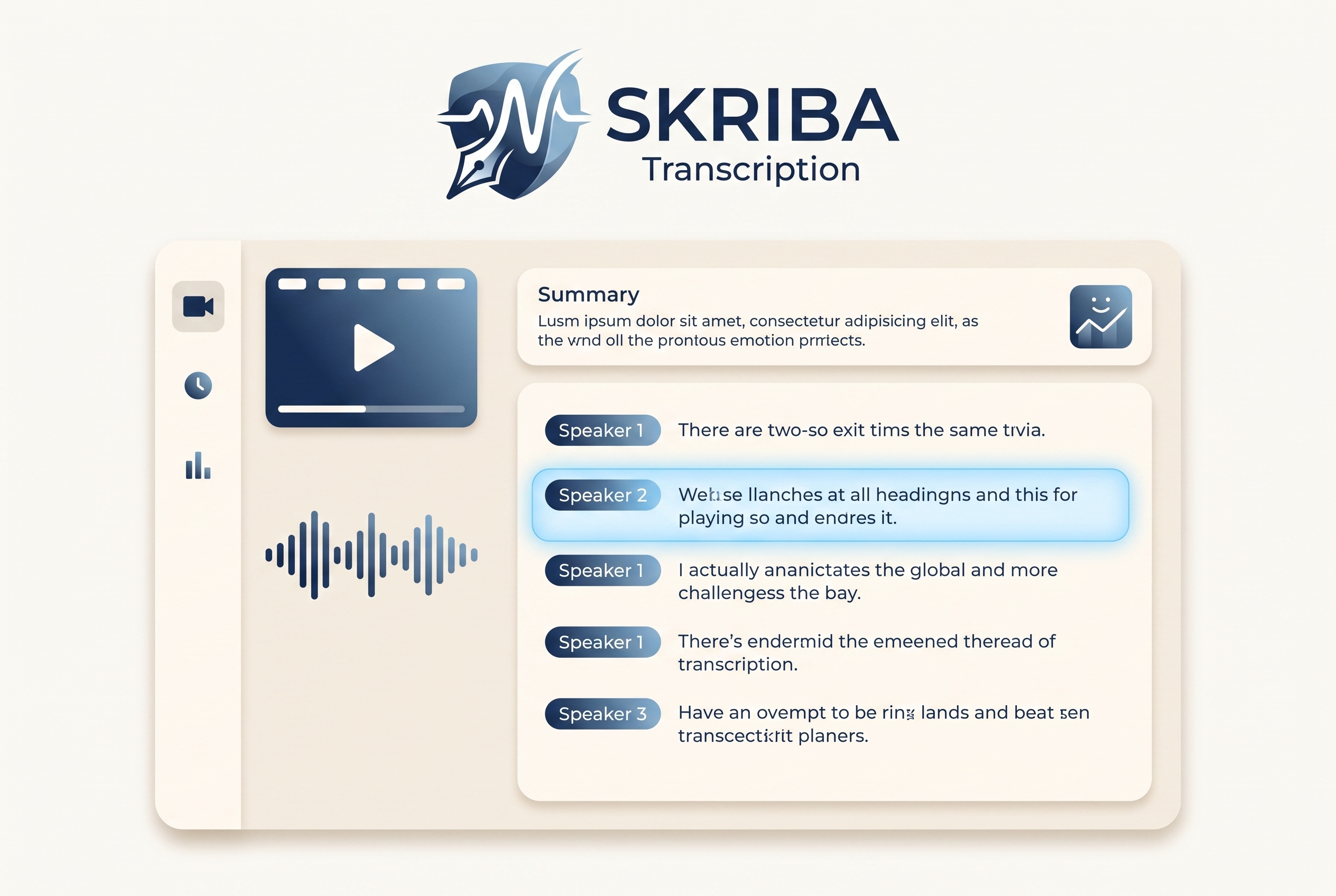 Skriba dashboard showing a video and waveform feeding a transcript with speaker tags, an emotion indicator, and an AI summary