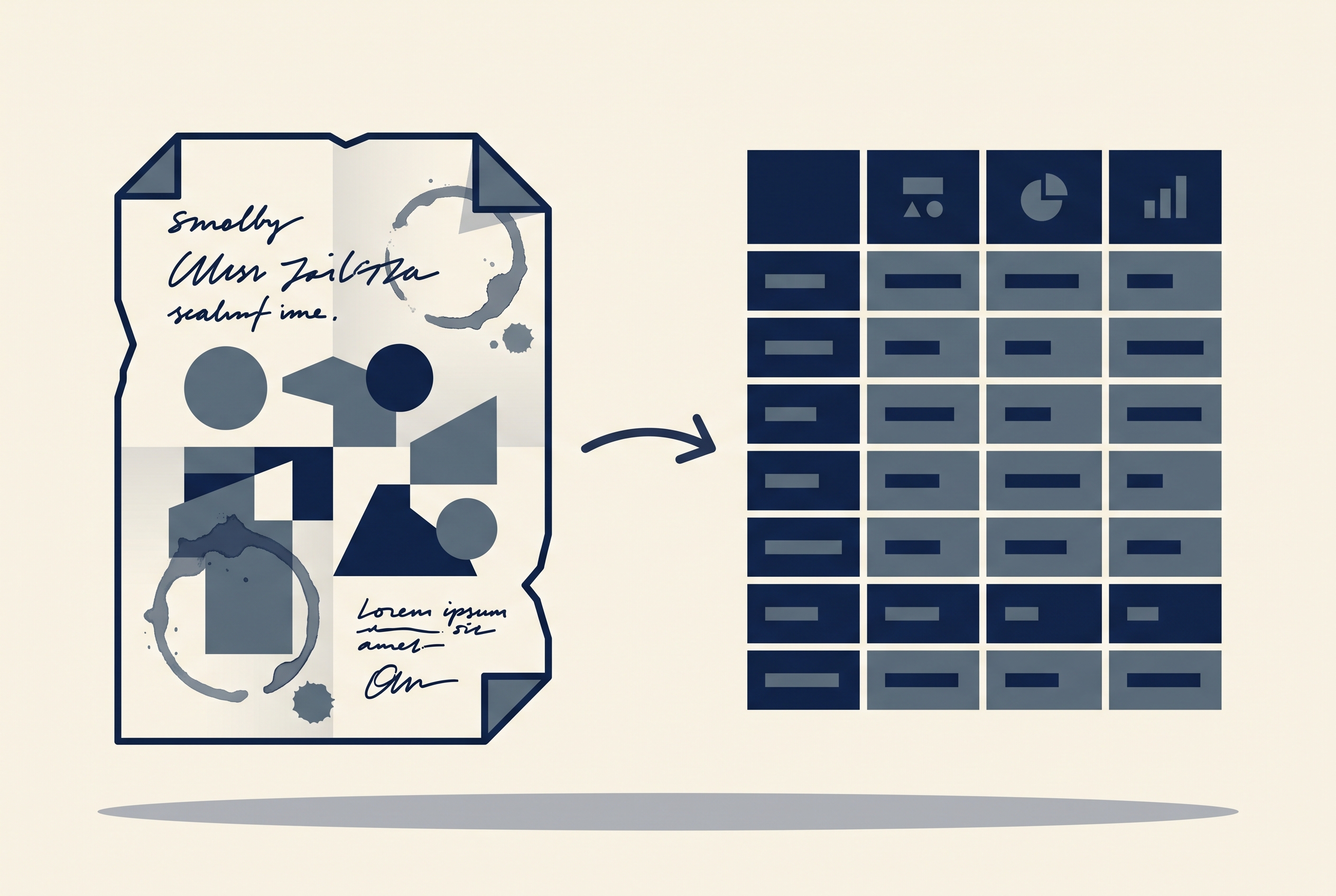 Illustration of a messy scanned document transforming into a clean table of structured data